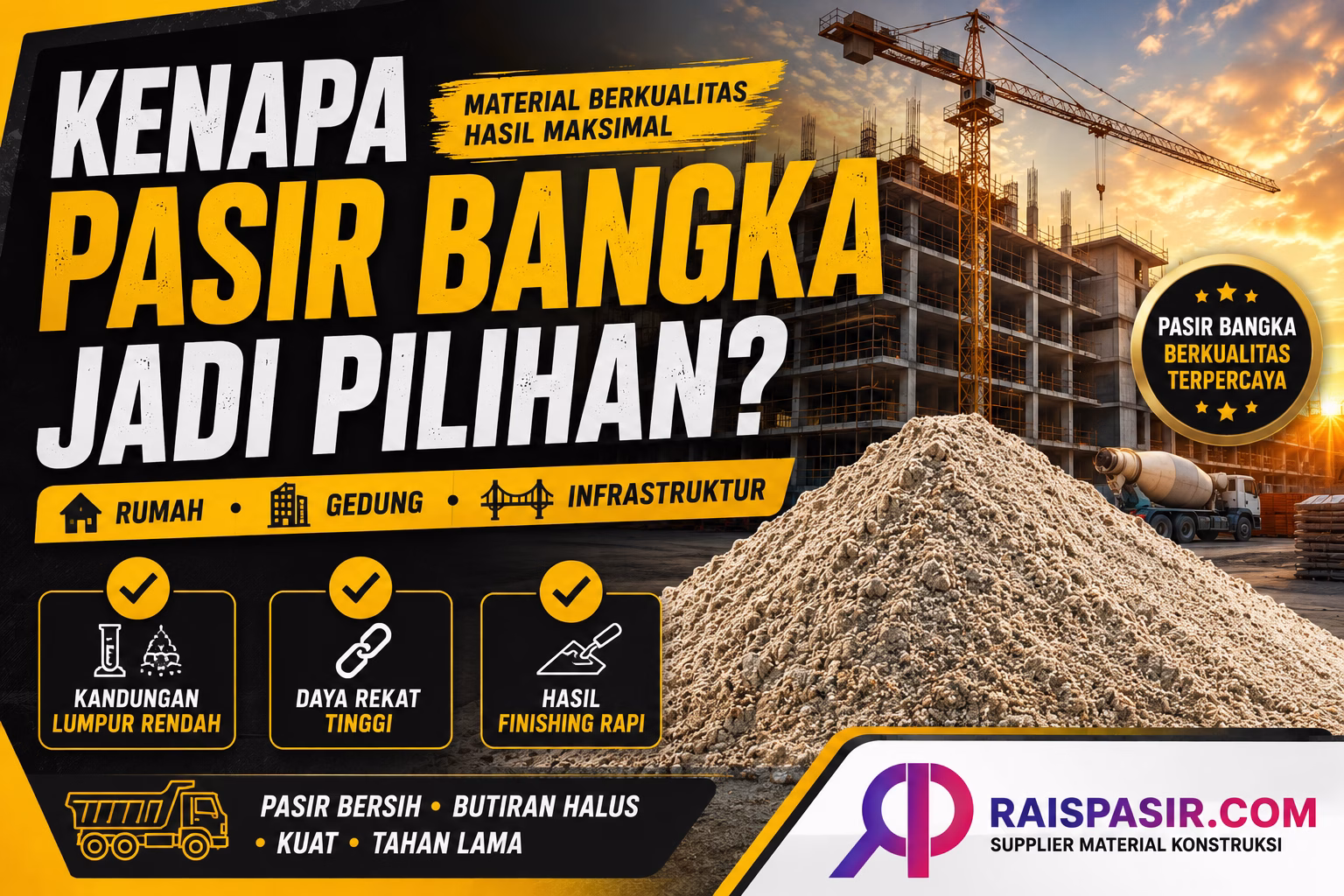 pasir bangka, penggunaan pasir bangka, pasir konstruksi, supplier pasir bangka, material bangunan, cor beton, plester, RaisPasir